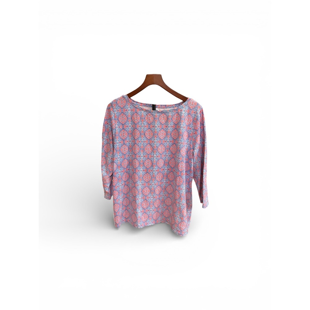 Talbots Woman 2X Blue Coral Medallion Print 3/4 Sleeve Cotton Spandex Knit Top